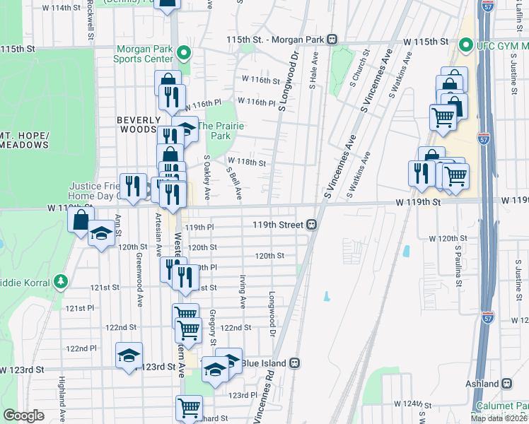 map of restaurants, bars, coffee shops, grocery stores, and more near 11865 South Longwood Drive in Chicago