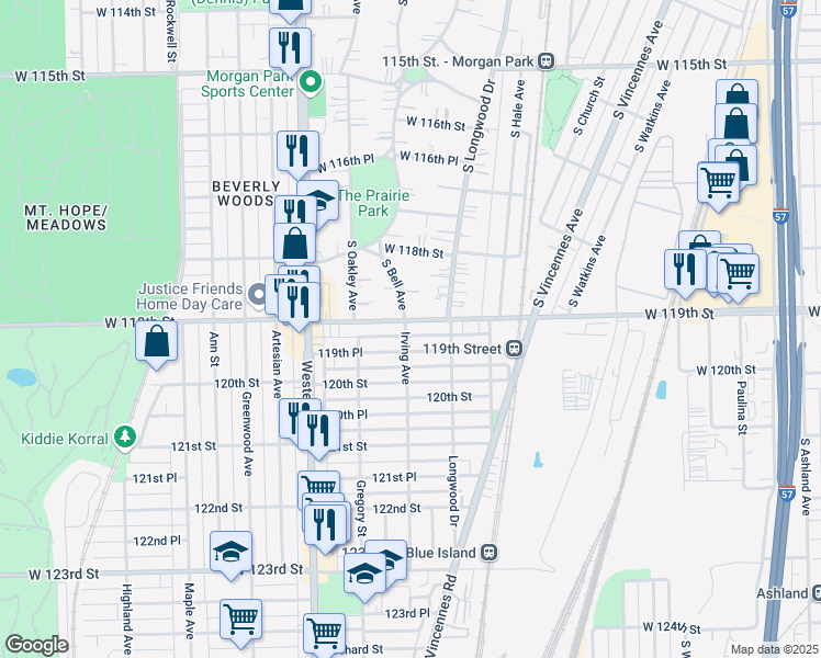 map of restaurants, bars, coffee shops, grocery stores, and more near 2230 West 119th Street in Chicago