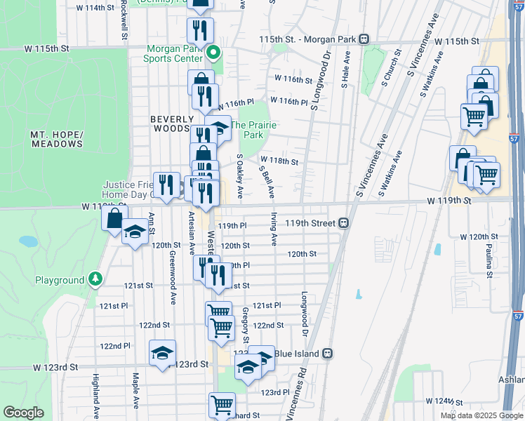 map of restaurants, bars, coffee shops, grocery stores, and more near 2268 West 119th Street in Chicago