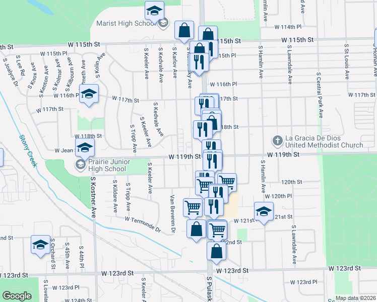 map of restaurants, bars, coffee shops, grocery stores, and more near 11830 South Komensky Avenue in Alsip