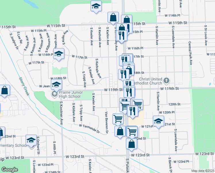 map of restaurants, bars, coffee shops, grocery stores, and more near 4155 West 118th Place in Alsip
