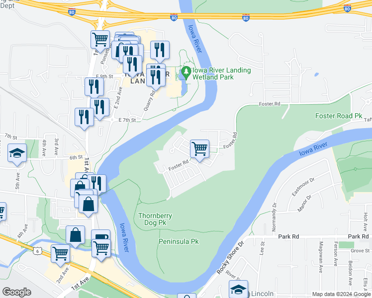 map of restaurants, bars, coffee shops, grocery stores, and more near 628 Walker Circle in Iowa City
