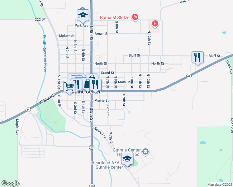 map of restaurants, bars, coffee shops, grocery stores, and more near 100 North 8th Street in Guthrie Center