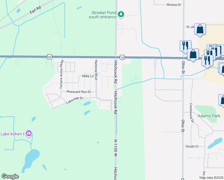 map of restaurants, bars, coffee shops, grocery stores, and more near 10123 Westmoreland Drive in Michigan City