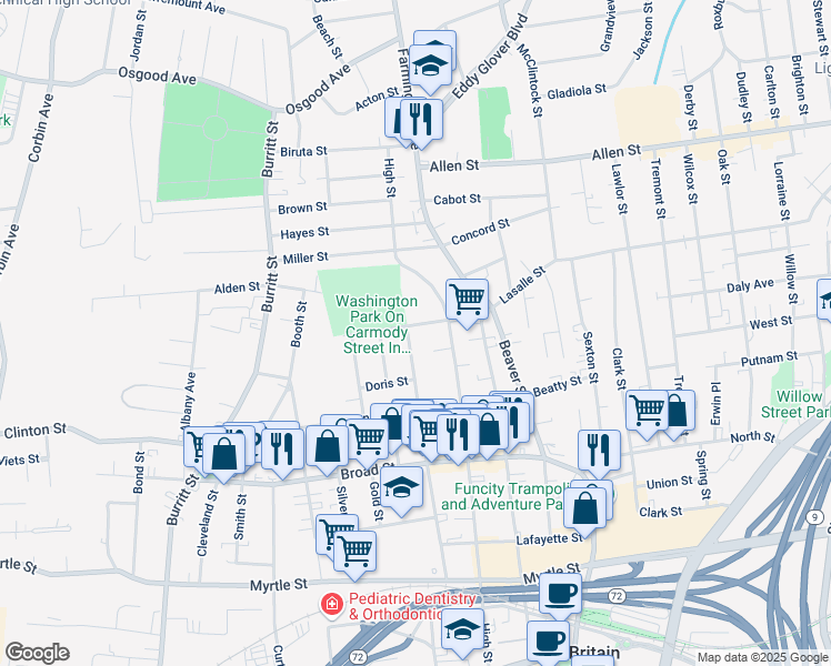 map of restaurants, bars, coffee shops, grocery stores, and more near 370 High Street in New Britain