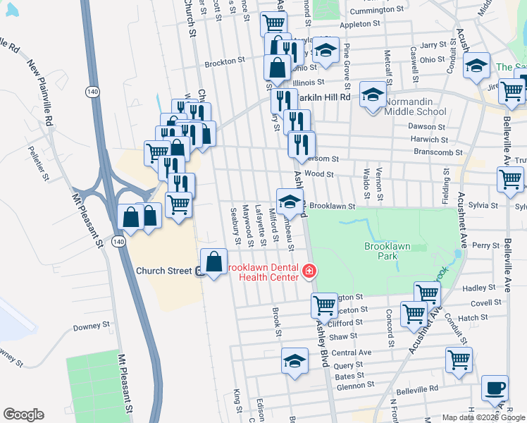 map of restaurants, bars, coffee shops, grocery stores, and more near 317 Brooklawn Avenue in New Bedford