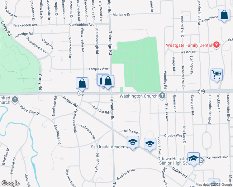 map of restaurants, bars, coffee shops, grocery stores, and more near 4237 West Central Avenue in Toledo