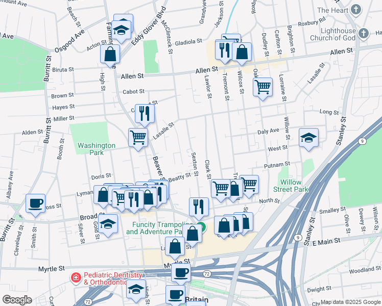 map of restaurants, bars, coffee shops, grocery stores, and more near 133 Sexton Street in New Britain