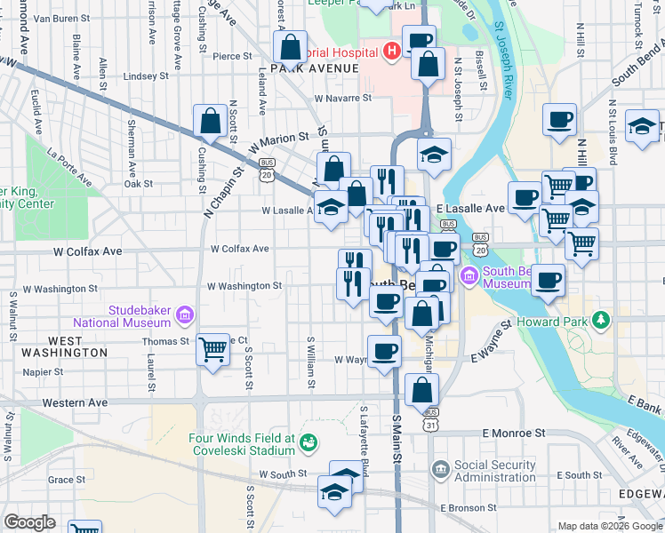 map of restaurants, bars, coffee shops, grocery stores, and more near 330 West Colfax Avenue in South Bend