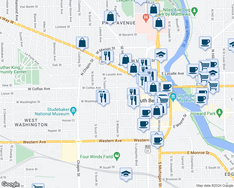 map of restaurants, bars, coffee shops, grocery stores, and more near 150 North William Street in South Bend