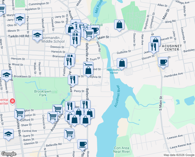 map of restaurants, bars, coffee shops, grocery stores, and more near 58 Sylvia Street in New Bedford