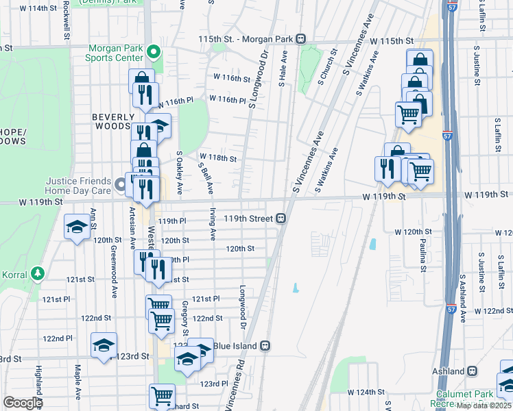map of restaurants, bars, coffee shops, grocery stores, and more near 2106 119th Street in Blue Island