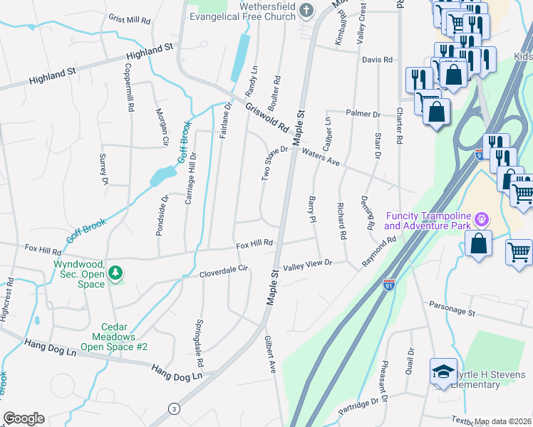 map of restaurants, bars, coffee shops, grocery stores, and more near 114 Two Stone Drive in Wethersfield
