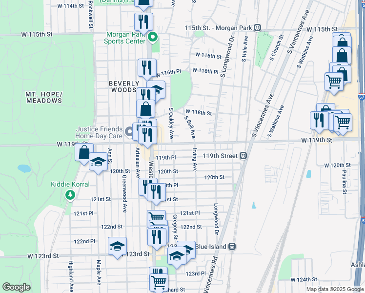 map of restaurants, bars, coffee shops, grocery stores, and more near 2268 West 119th Street in Chicago