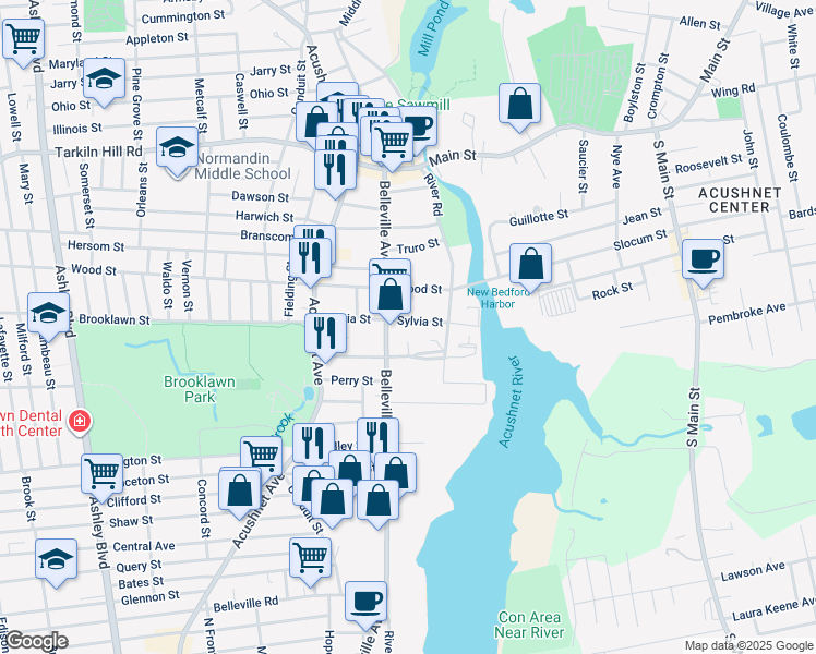 map of restaurants, bars, coffee shops, grocery stores, and more near 82 Sylvia Street in New Bedford