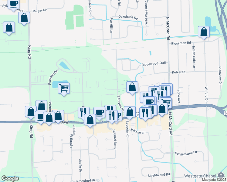 map of restaurants, bars, coffee shops, grocery stores, and more near 3233 Percentum Road in Toledo