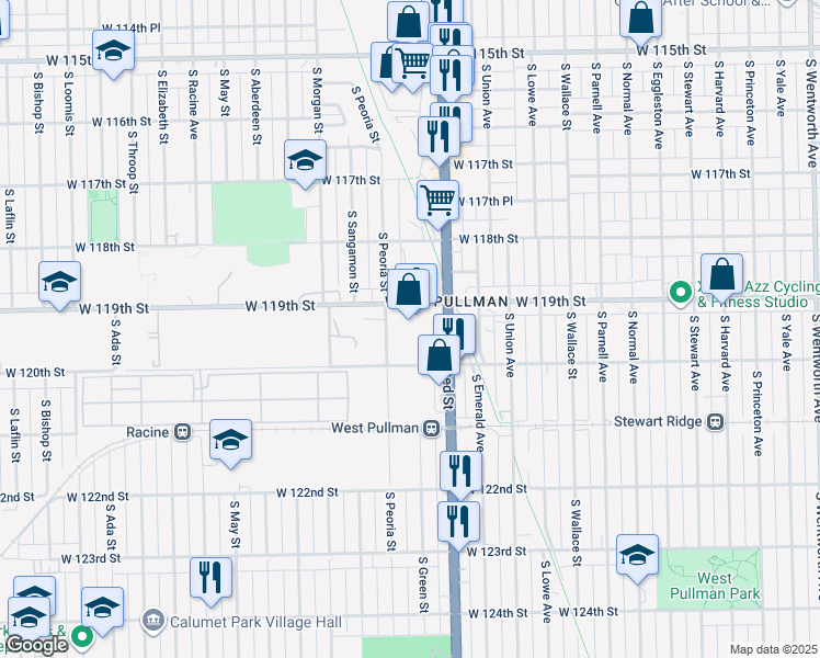 map of restaurants, bars, coffee shops, grocery stores, and more near 831 West 119th Street in Chicago
