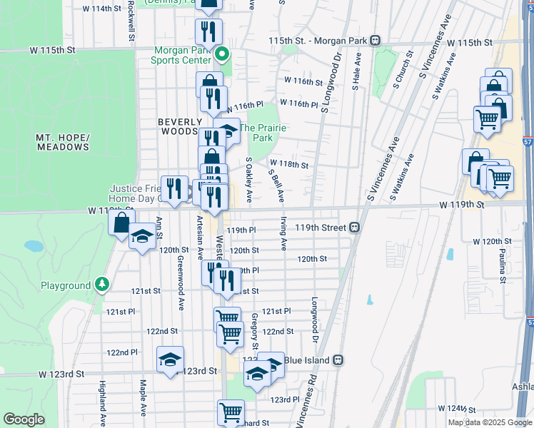 map of restaurants, bars, coffee shops, grocery stores, and more near 2268 West 119th Street in Chicago