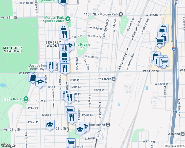 map of restaurants, bars, coffee shops, grocery stores, and more near 2230 West 119th Street in Chicago