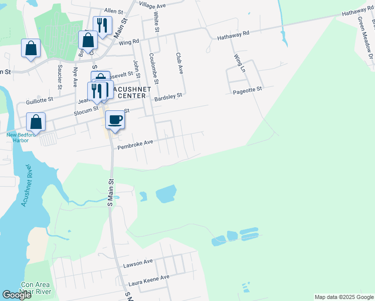 map of restaurants, bars, coffee shops, grocery stores, and more near 12 Belanger Street in Acushnet