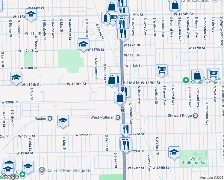 map of restaurants, bars, coffee shops, grocery stores, and more near 831 West 119th Street in Chicago