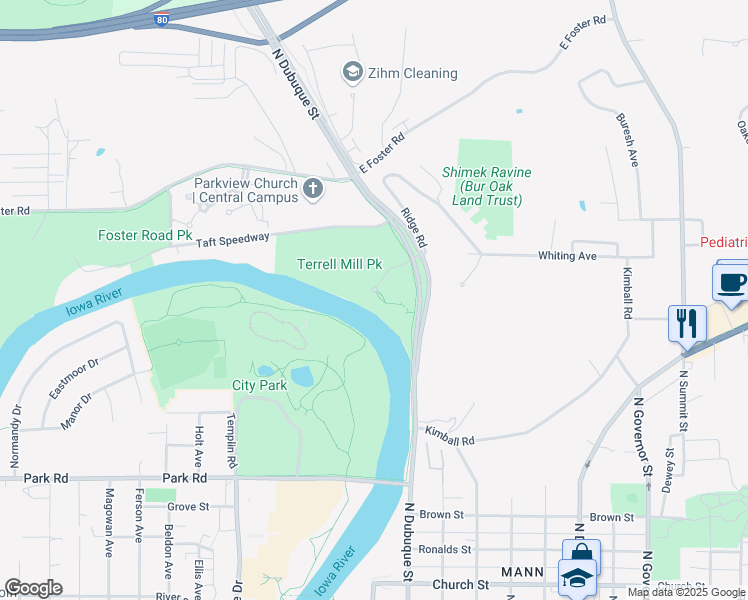 map of restaurants, bars, coffee shops, grocery stores, and more near 1201 North Dubuque Street in Iowa City