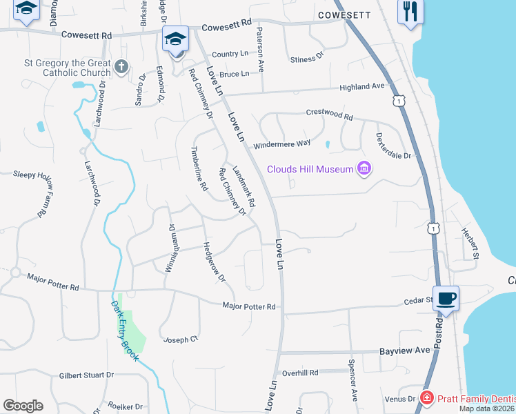 map of restaurants, bars, coffee shops, grocery stores, and more near 77 Landmark Road in Warwick