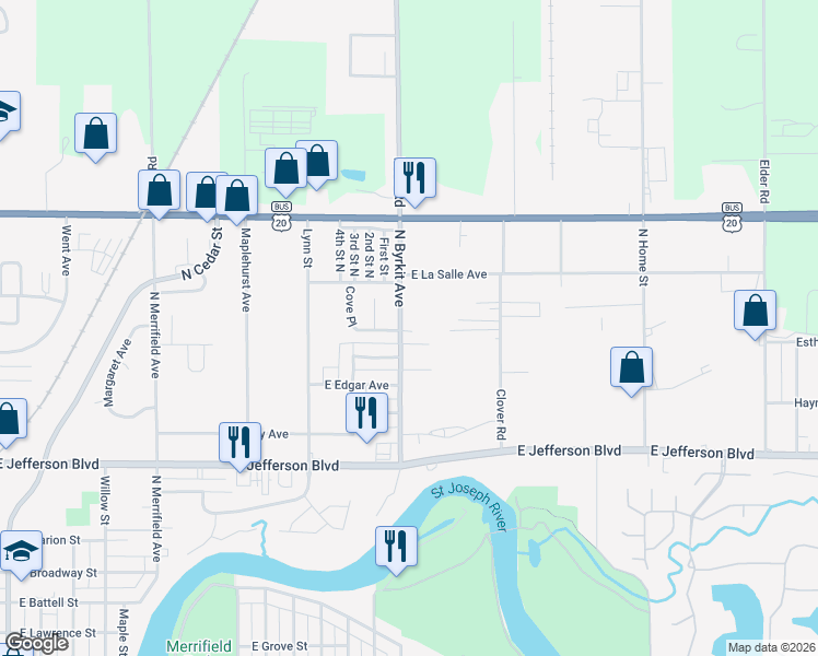 map of restaurants, bars, coffee shops, grocery stores, and more near 1830 North Byrkit Avenue in Mishawaka