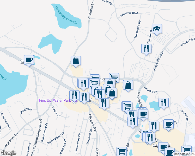 map of restaurants, bars, coffee shops, grocery stores, and more near 425 Attucks Lane in Barnstable