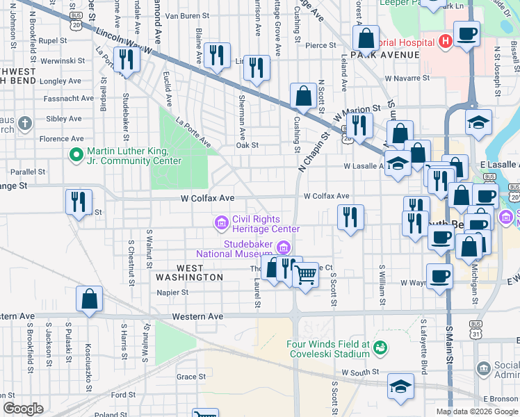 map of restaurants, bars, coffee shops, grocery stores, and more near in South Bend