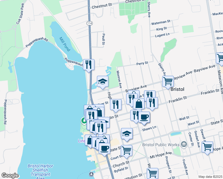map of restaurants, bars, coffee shops, grocery stores, and more near 60 Washington Street in Bristol