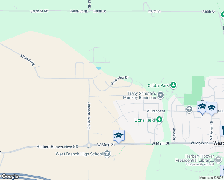 map of restaurants, bars, coffee shops, grocery stores, and more near 2-58 Greenview Court in West Branch