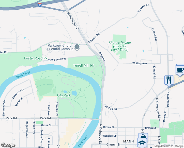 map of restaurants, bars, coffee shops, grocery stores, and more near 1201 North Dubuque Street in Iowa City