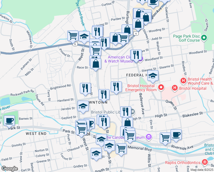 map of restaurants, bars, coffee shops, grocery stores, and more near 139 Center Street in Bristol
