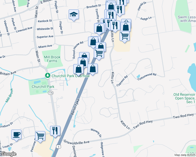 map of restaurants, bars, coffee shops, grocery stores, and more near 2672 Berlin Turnpike in Newington