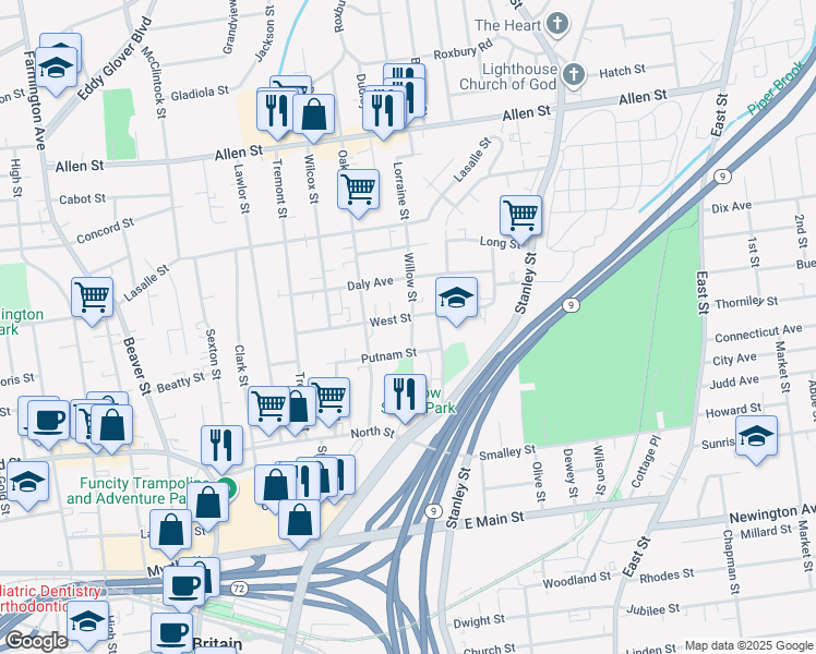 map of restaurants, bars, coffee shops, grocery stores, and more near 108 West Street in New Britain