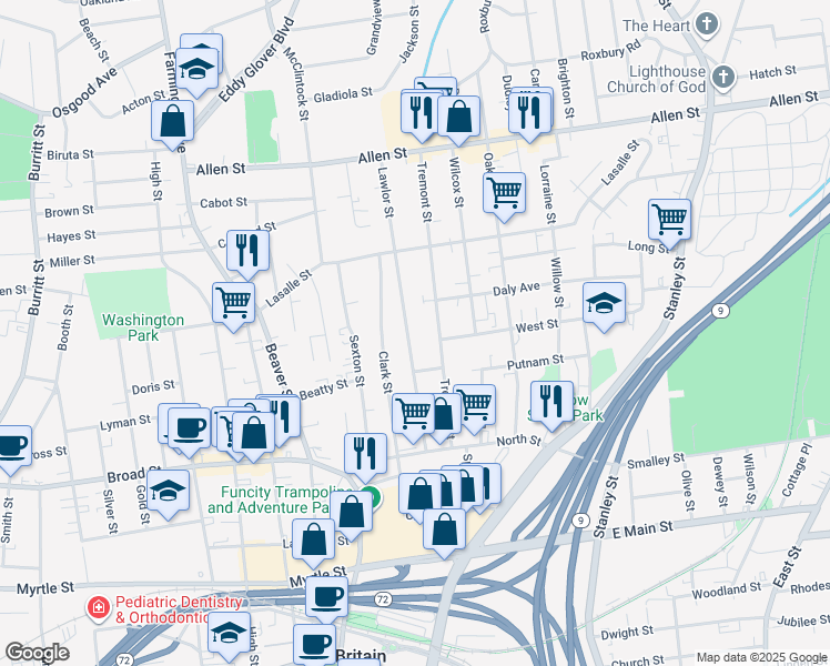 map of restaurants, bars, coffee shops, grocery stores, and more near 132 Tremont Street in New Britain