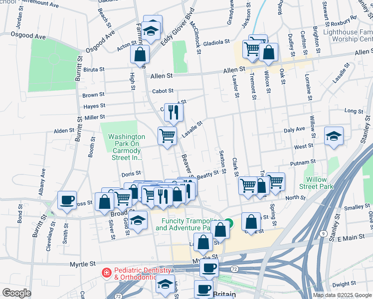 map of restaurants, bars, coffee shops, grocery stores, and more near 231 Beaver Street in New Britain