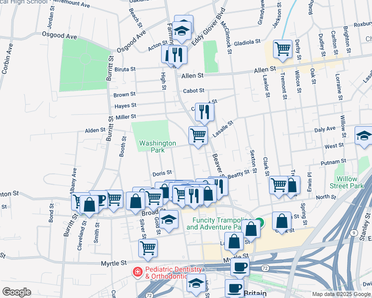 map of restaurants, bars, coffee shops, grocery stores, and more near 370 High Street in New Britain