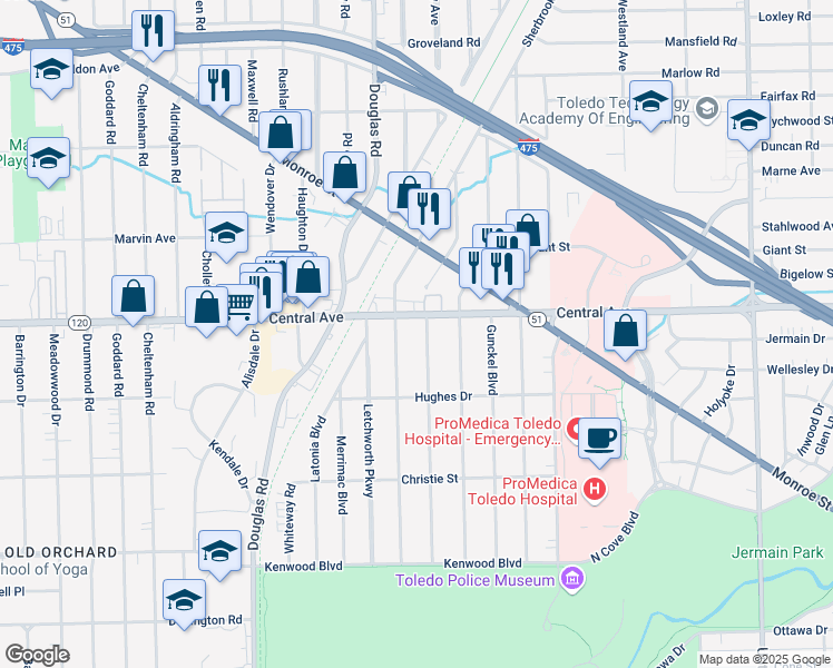 map of restaurants, bars, coffee shops, grocery stores, and more near 3038 Sherbrooke Road in Toledo