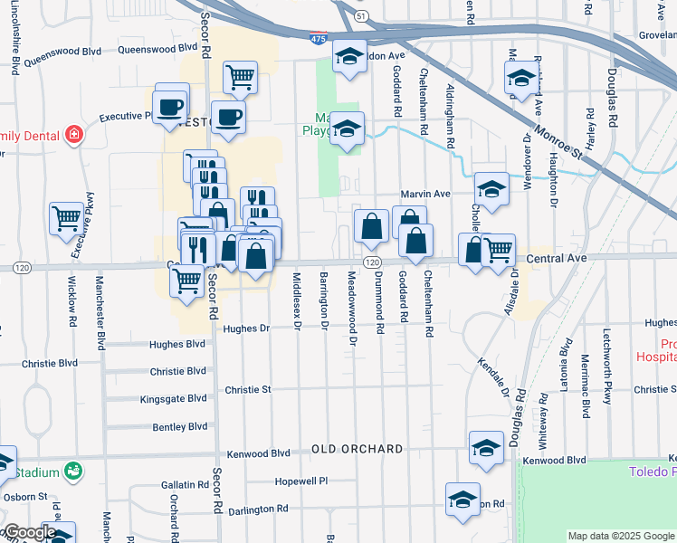 map of restaurants, bars, coffee shops, grocery stores, and more near 2956 Central Avenue in Toledo