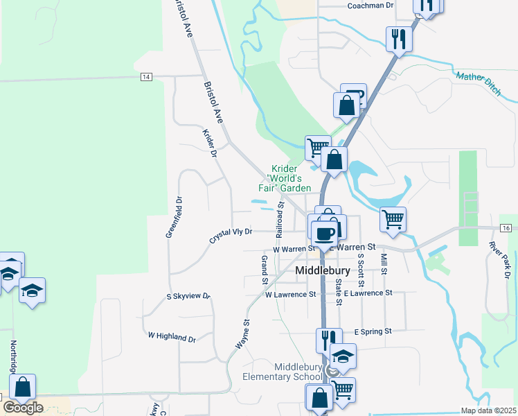map of restaurants, bars, coffee shops, grocery stores, and more near 303 Bristol Avenue in Middlebury