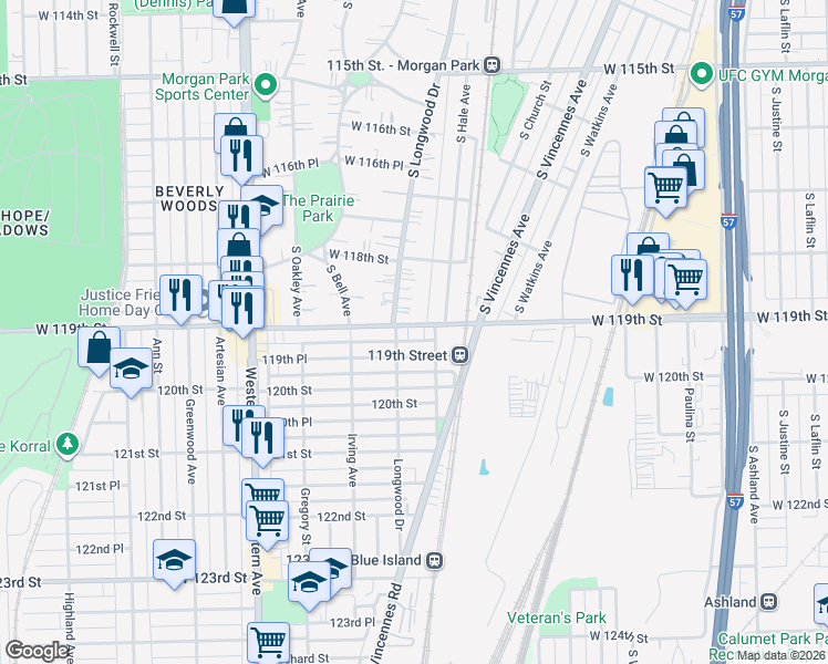 map of restaurants, bars, coffee shops, grocery stores, and more near 11865 South Longwood Drive in Chicago