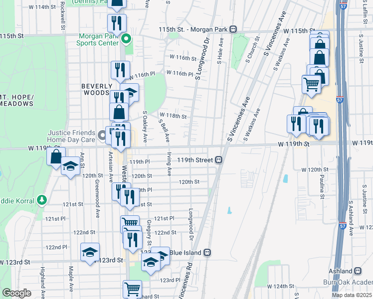 map of restaurants, bars, coffee shops, grocery stores, and more near 11865 South Longwood Drive in Chicago