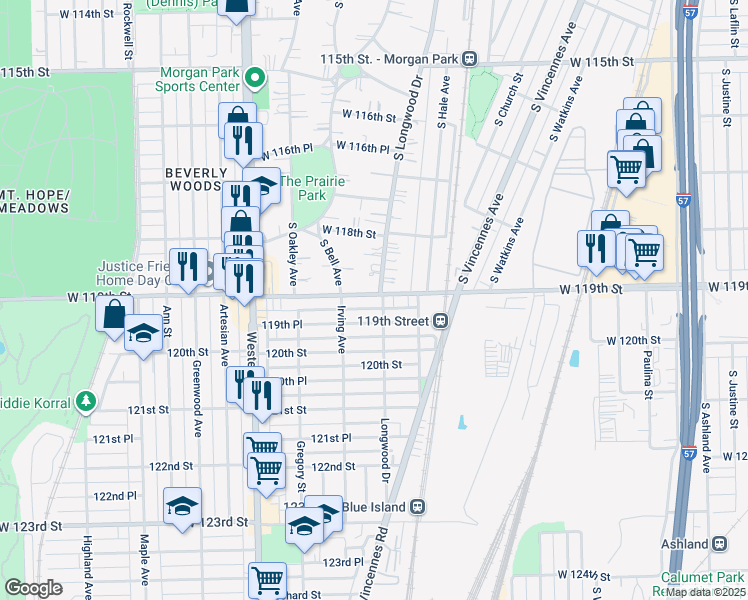 map of restaurants, bars, coffee shops, grocery stores, and more near 11865 South Longwood Drive in Chicago