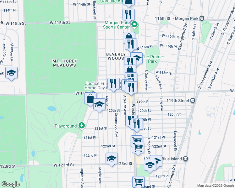 map of restaurants, bars, coffee shops, grocery stores, and more near 2442 West 119th Street in Chicago