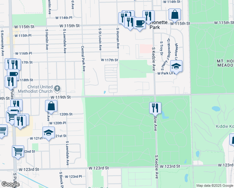 map of restaurants, bars, coffee shops, grocery stores, and more near 3a South Homan Avenue in Merrionette Park
