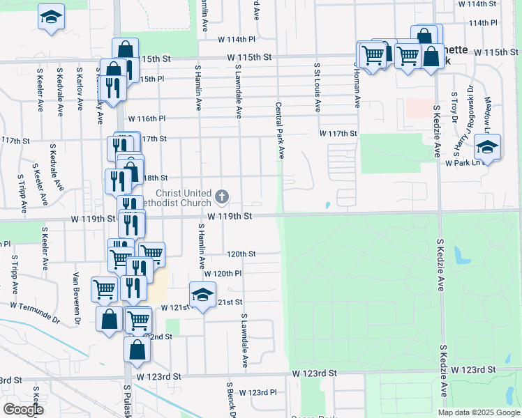 map of restaurants, bars, coffee shops, grocery stores, and more near 3640 West 119th Street in Chicago