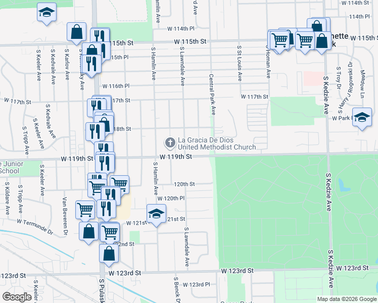 map of restaurants, bars, coffee shops, grocery stores, and more near 11834 South Lawndale Avenue in Chicago