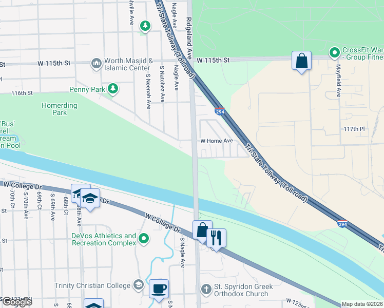 map of restaurants, bars, coffee shops, grocery stores, and more near 11740 South Ridgeland Avenue in Worth